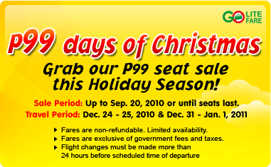 Cebu Pacific Air 99 Peso Promo for Christmas 2010 and New Year 2011 - Latest Cebu Pacific Promos, etc - PinayReviewer.com Cebu Pacific Air 99 Peso Promo for Christmas 2010 and New Year 2011 - Latest Cebu Pacific Promos, etc - PinayReviewer.com